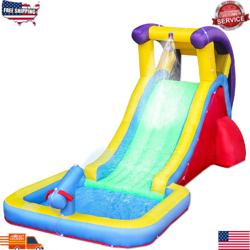 Inflatable Water Slide Kids Play Park Rock Wall Water Spray Cannon Outdoor Yard