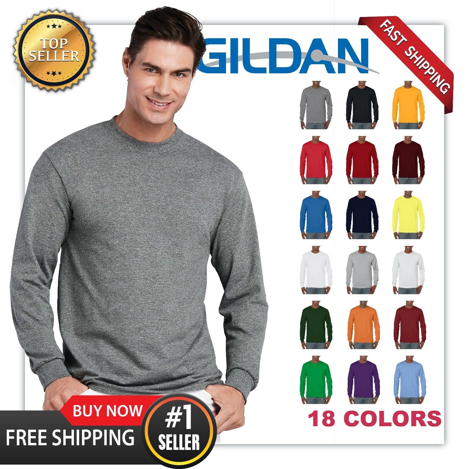 New Mans Gildan Long Sleeves Blank T Shirt Heavy Cotton Adult Casual Tee G5400