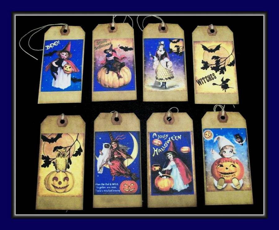 Vintage Halloween Designed Hang Tags - Set Of Eight - Primitive
