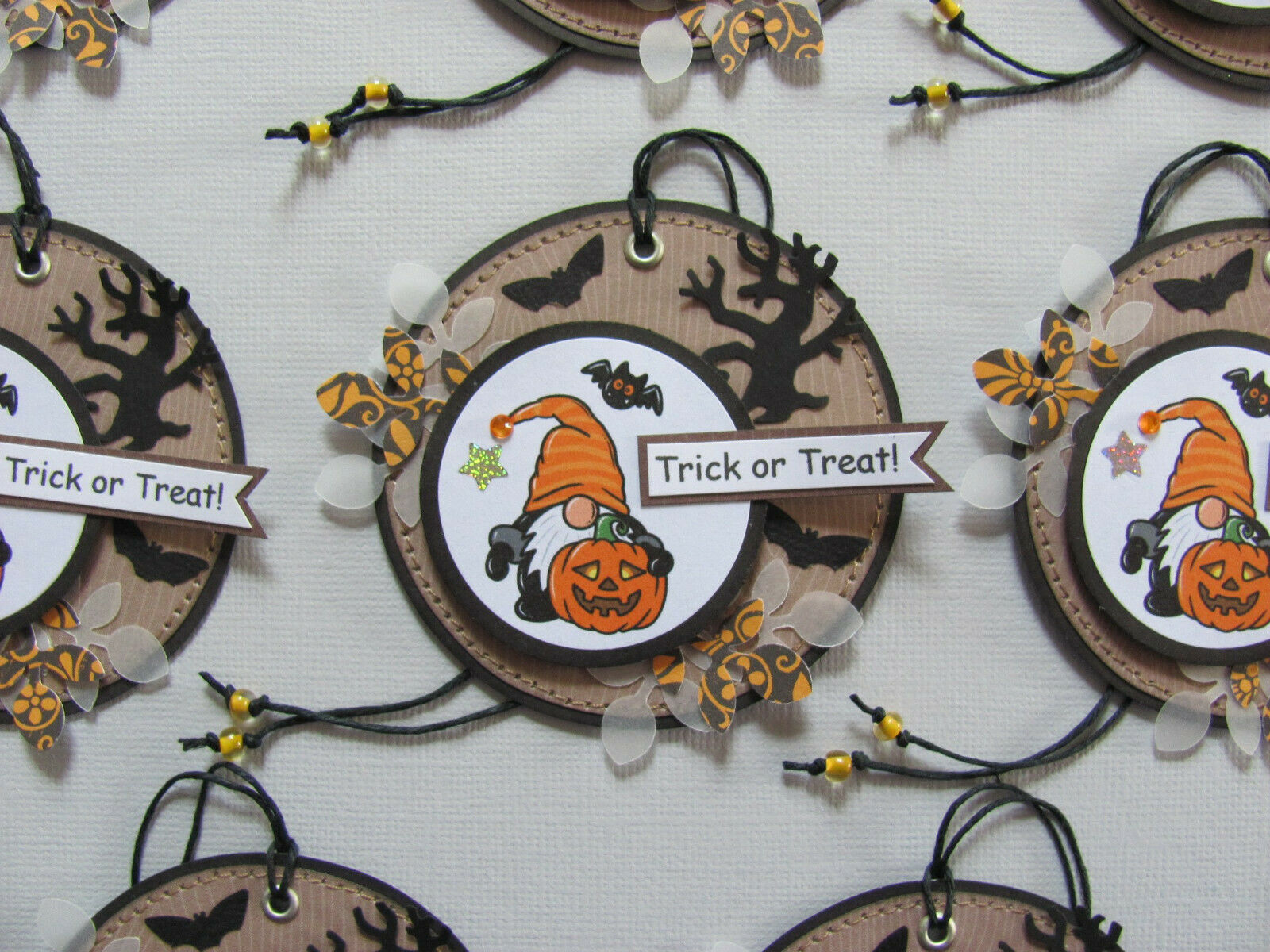 Handmade Halloween Gift Tags 8 Sewn 2 1/2" Round Gnome "trick Or Treat" Pack890.