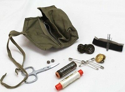 Italian Army 28pc Sewing Button Thread Kit Tan Cotton Tool Pouch Set E8175