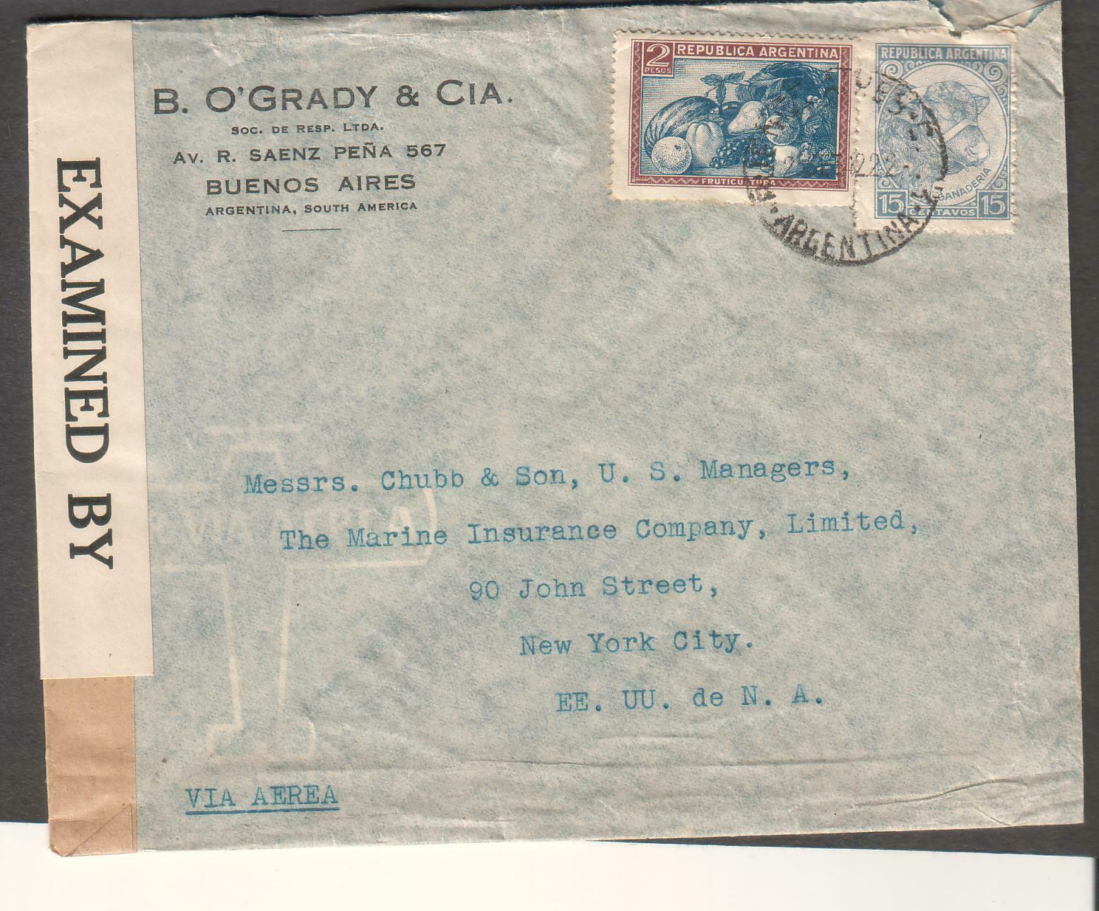 Argentina 1942 Wwii Examined By 4190/2943-1 Censor Cover Buenos Aires To Ny