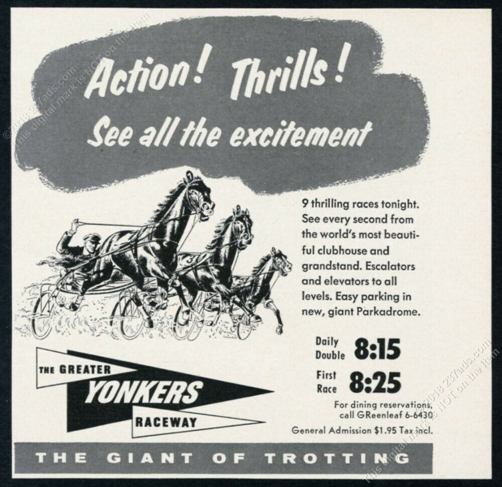 1958 Harness Racing Horse Art Yonkers Raceway Ny Vintage Print Ad
