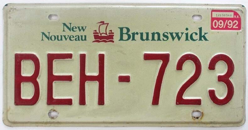 New Brunswick Canada 1992 "galleon" License Plate, Beh 723