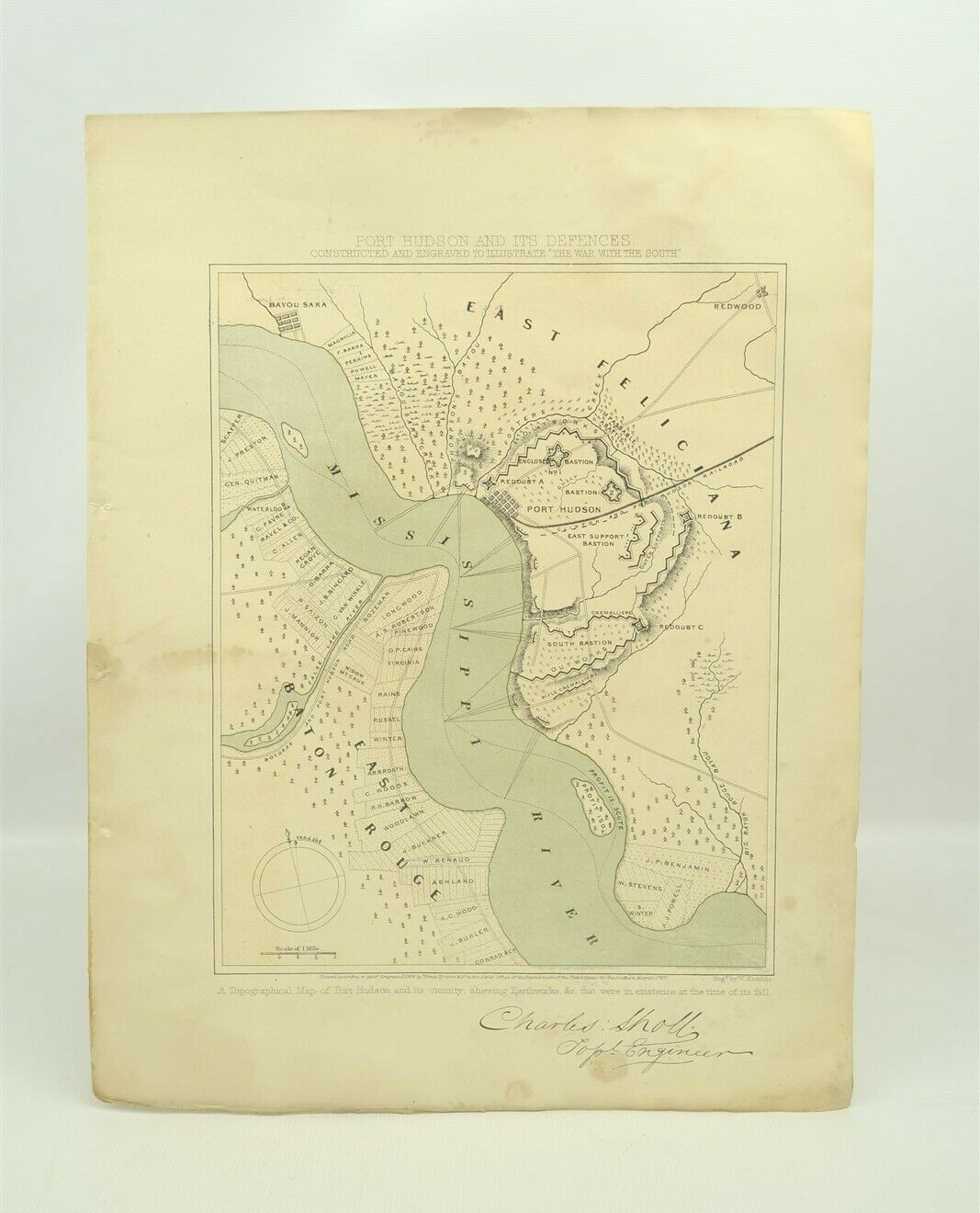 Antique Civil War 1863 Fort Hudson & Its Defenses Topographical Map Engraving