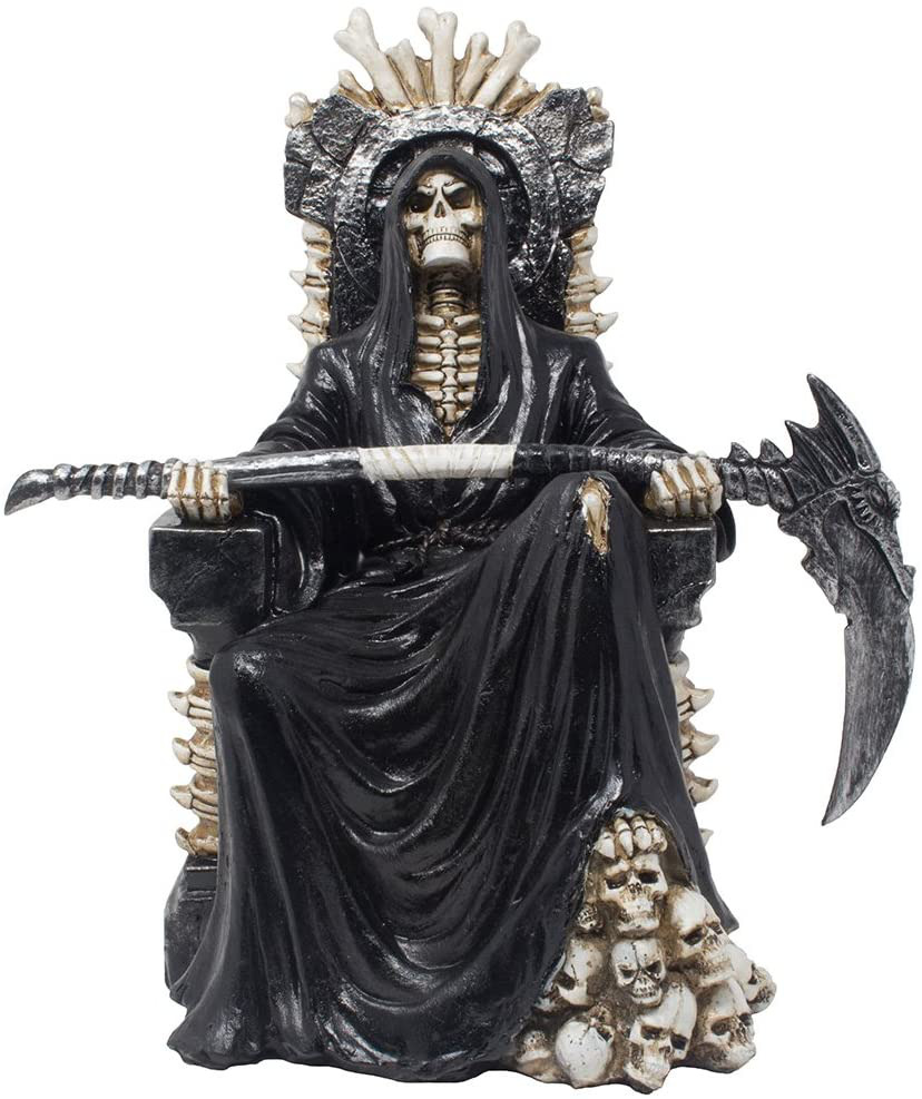 Evil Grim Reaper On Bone Throne Statue With Scythe And Skull Accents For Scary