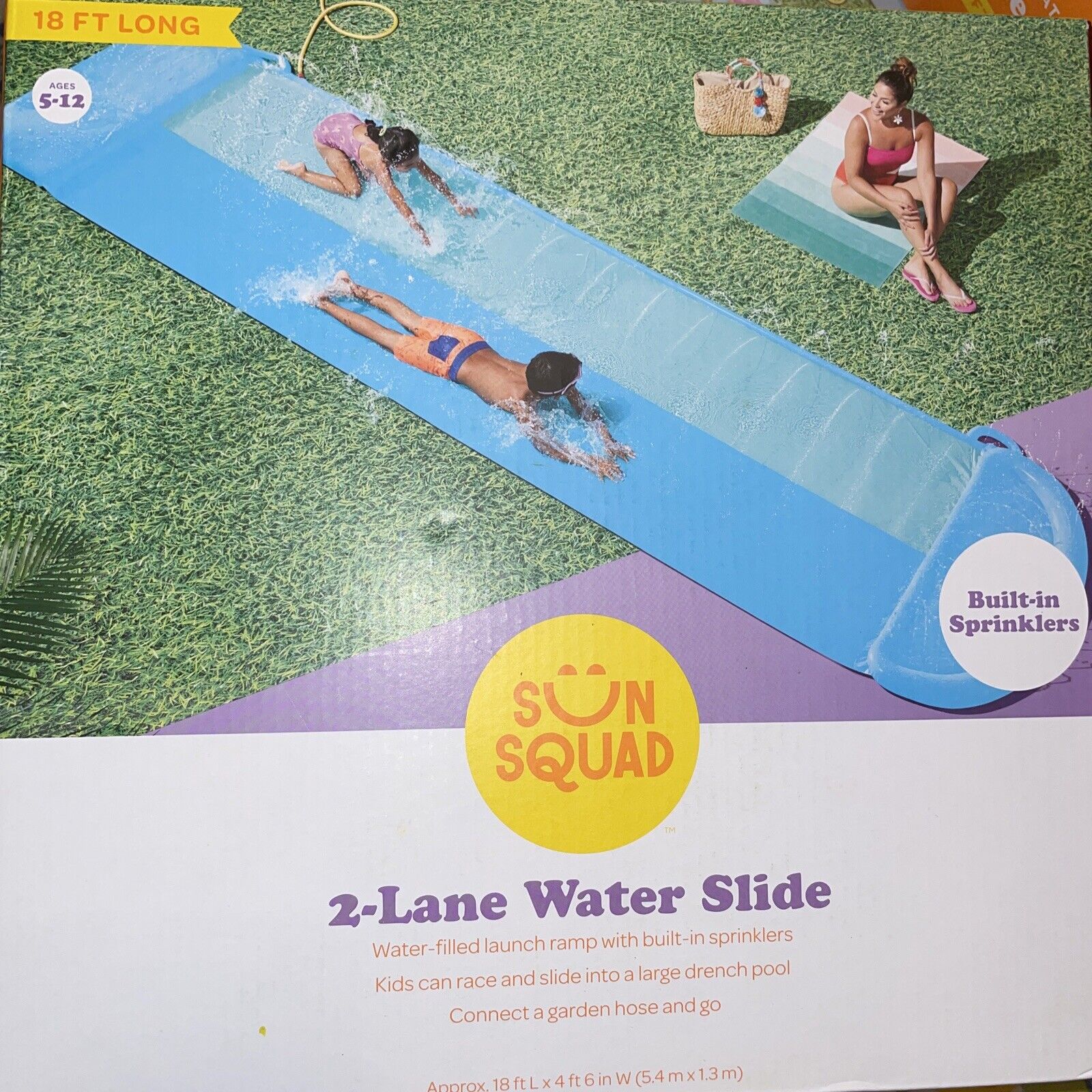 2 Lane Water Slide Sun Squad Outdoor Toy Water Sprinkler Toy Hose Connection New