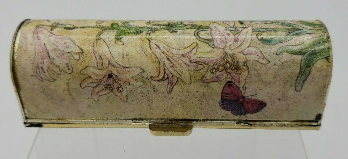Vintage Antique Floral Butterfly Garden Lipstick Case With Mirror