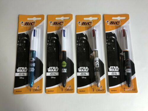 Set Of 4 Disney Star Wars Bic 4 Color Pens - Vader, Stormtrooper, Yoda, R2d2 New