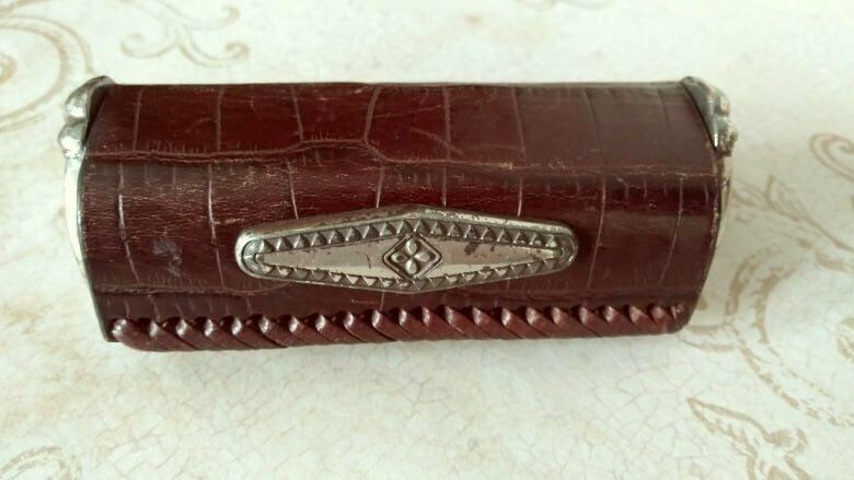 Vintage Kuang Huei Leather Lipstick Case Holder W/mirror Brown Silver Tone 3.25"