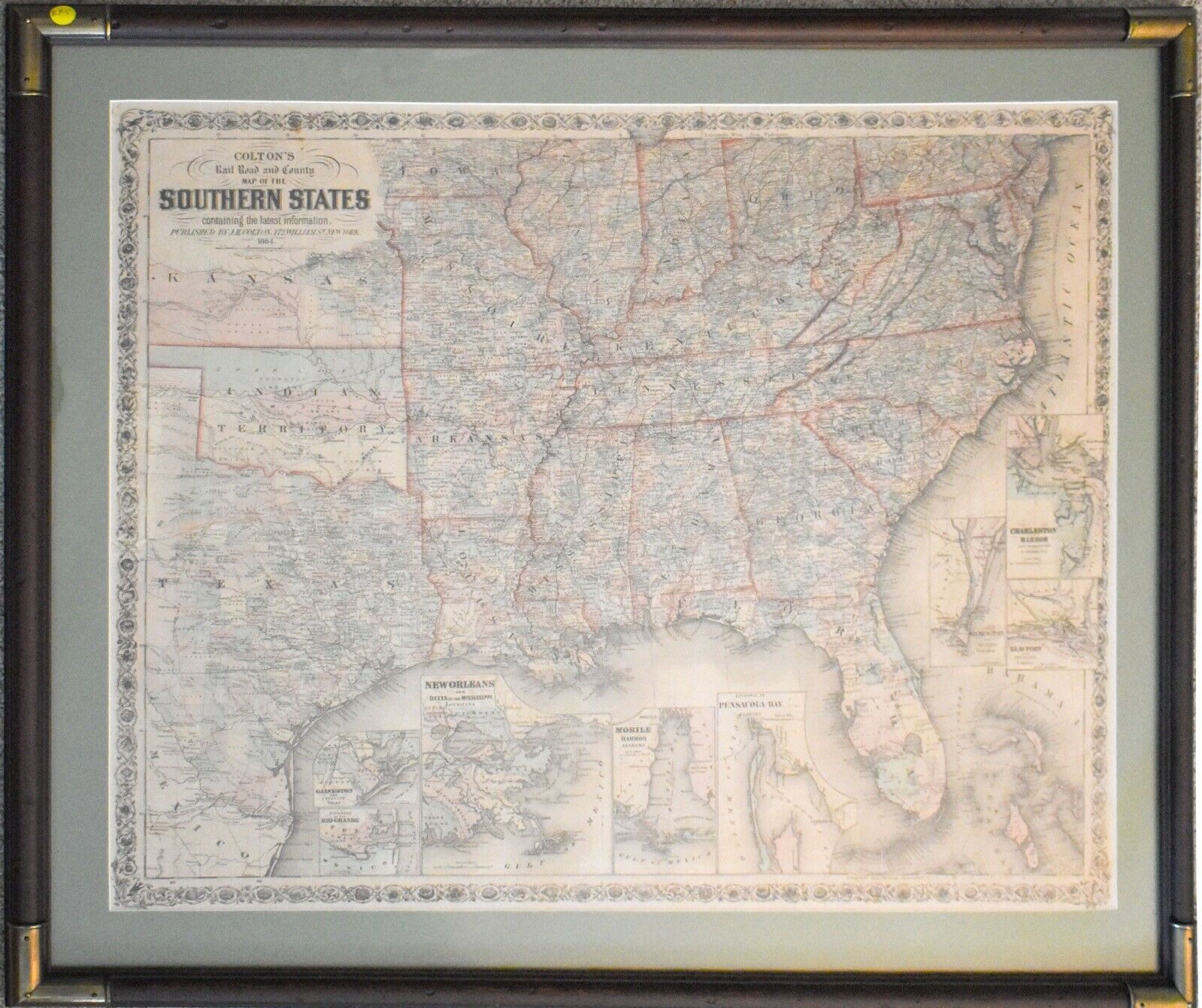 Framed 1864 Civil War Era Colton’s Map Of The Southern States Rp5