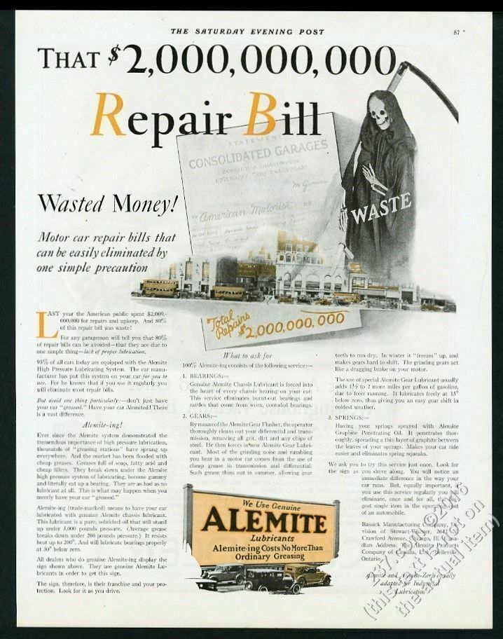 1928 Death Grim Reaper Skeleton Art Alemite Car Lubrication Vintage Print Ad
