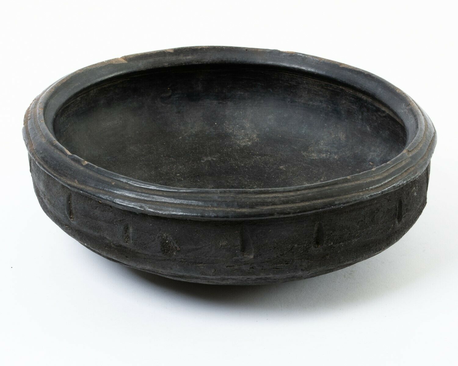 Antique Black Ceramic Pottery Cooking Vessel With Extensive Firing 10" Diameter